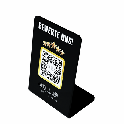 Quevy Standup Golden Elegance | Premium Acryl Bewertungsaufsteller mit QR-Code und NFC
