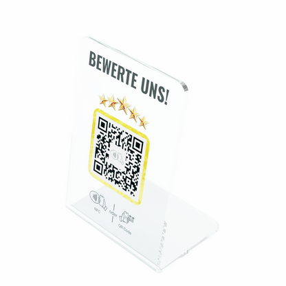 Quevy Standup Golden Elegance | Premium Acryl Bewertungsaufsteller mit QR-Code und NFC