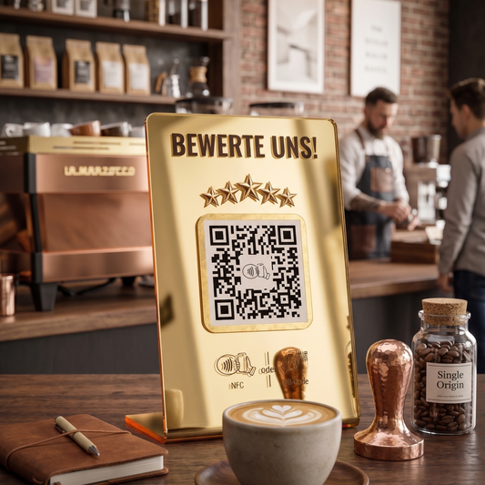 Quevy Standup Golden Elegance | Premium Acryl Bewertungsaufsteller mit QR-Code und NFC