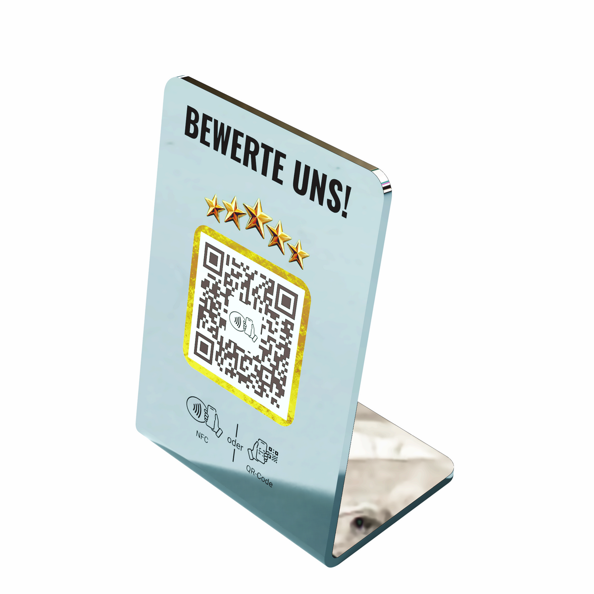 Quevy Standup Golden Elegance | Premium Acryl Bewertungsaufsteller mit QR-Code und NFC