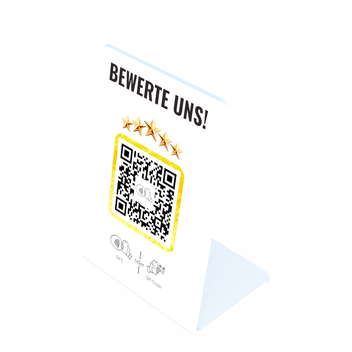 Quevy Standup Golden Elegance | Premium Acryl Bewertungsaufsteller mit QR-Code und NFC